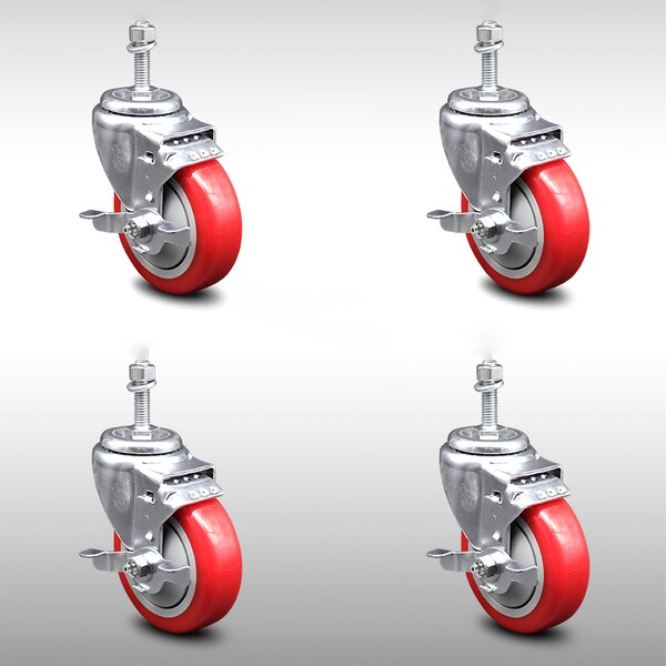 Service Caster 4 Inch SS Red Polyurethane Swivel 3/8 Inch Threaded Stem Caster Set Brake SCC SCC-SSTS20S414-PPUB-RED-TLB-381615-4 - main